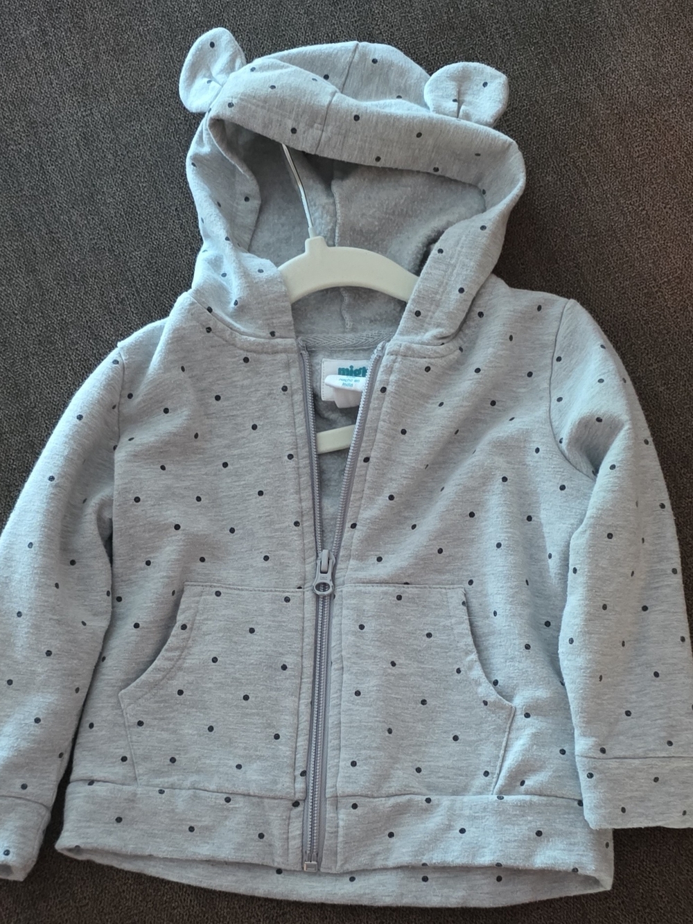 THE MIGHTY COMPANY Light Gray Hooded Zip Sweatshirt with Navy Polka Dots